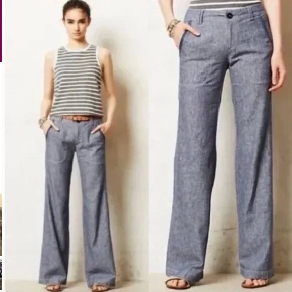 Anthropologie Pilcro Herringbone Linen Trousers - Size 0 Petite - Picture 2 of 10